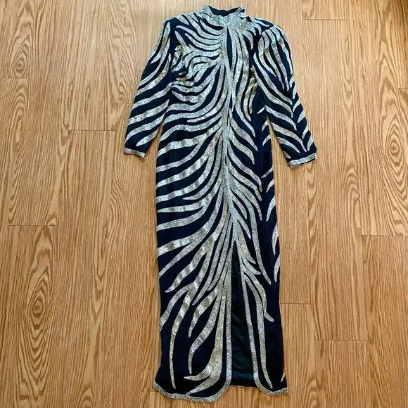 Vintage 1980s Black Beaded Silk Long Maxi Evening Gown Womens Medium - Picture 15 of 16